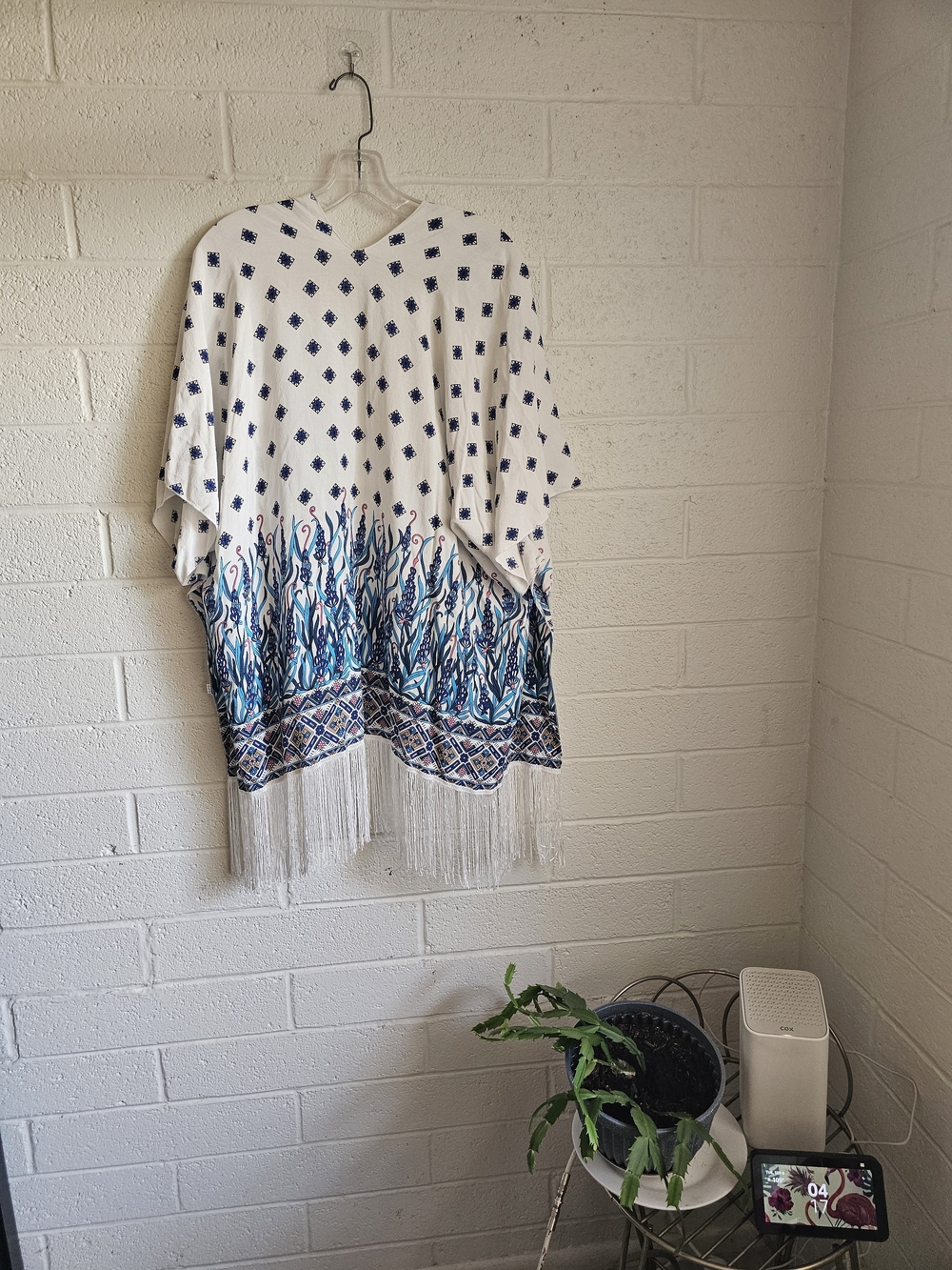 Boho Fringe Kimono in White and Blue